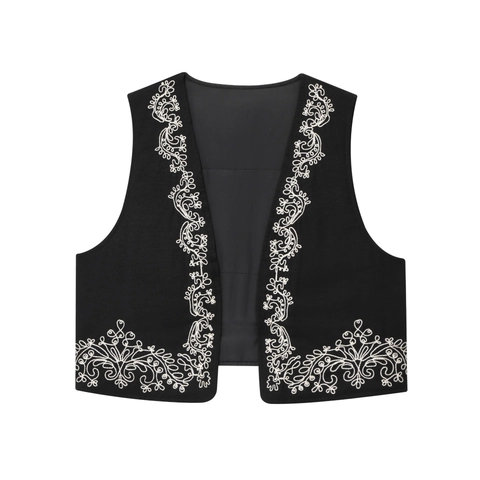 Gilet Court Brodé Vintage pour Femmes Sans Manches Ouvert Devant Gilet Décontracté Style Ethnique Noir Vêtements de Dessus Gilet