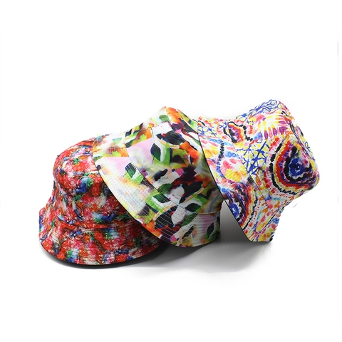 Unisex Cotton Blend Bucket Hat Reversible Design Tie Dye Graffiti Printed Wide Brim Sun Protection Streetwear Hat