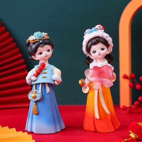 Chibi Meisje Beeldje Hars Oude Chinese Hanfu Pop Bureau Ornament Traditionele Stijl Decoratief Huis Cadeau Tafel Accent