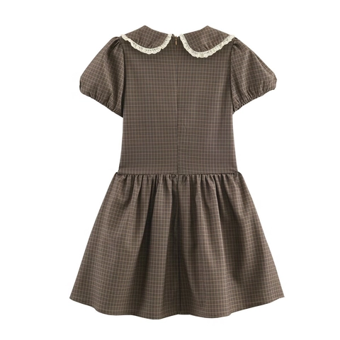 Vestito Mini A Quadri Da Donna Retro Colletto Peter Pan In Pizzo Maniche A Sbuffo Linea A Stile Elegante