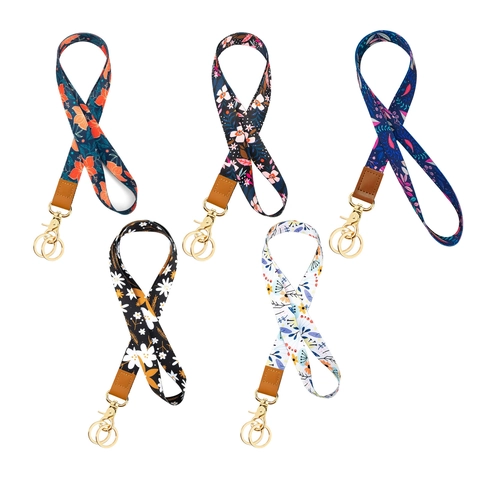 Bloemenprint Polyester Lanyard Met Polsband En Sleutelhanger Voor ID-Kaarthouder Kantoor Nekband Voor Vrouwen Sleutels Accessoires