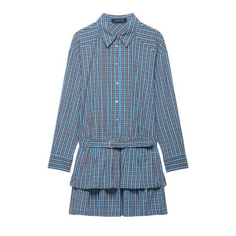 Plaid Long Sleeve Mini Shirt Dress Button Down Tiered Ruffle Hem With Belt Blue Brown Plaid Polyester Women
