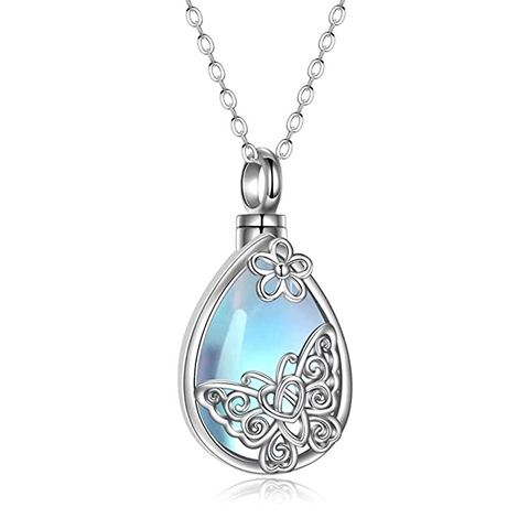 Collar De Urna Conmemorativa Gota Cobre Plateado Piedra Lunar Imitación Mariposa Floral Always In My Heart Recuerdo