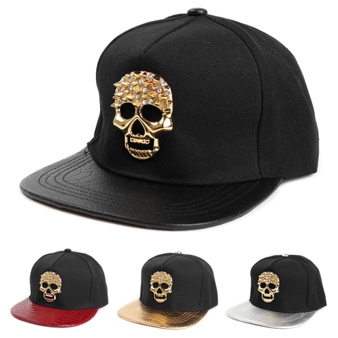 Hip Hop Snapback Pet Met Kunstslangenleren Klep Metalen Schedel Strass Punk Streetwear Verstelbare Baseballpet
