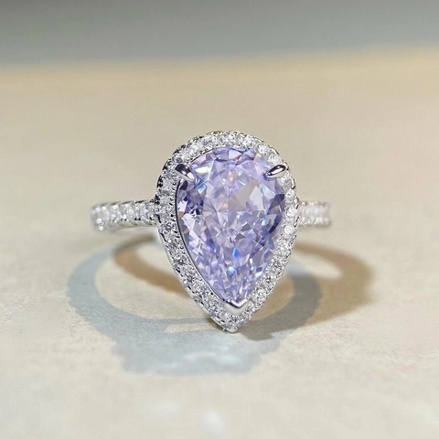Birnenschliff Lila Edelstein Ring 925 Sterling Silber Halo Zirkon Verlobung Hochzeit Band Eleganter Schmuck Damen