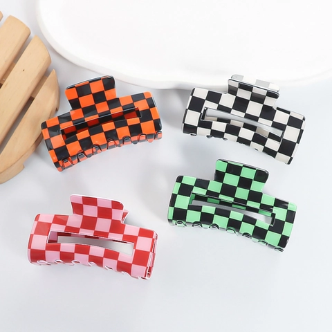 Checkerboard Hair Claw Clips Acetate Acrylic Hollow Rectangle Shark Clips Retro Fashion Hair Accessories For Women