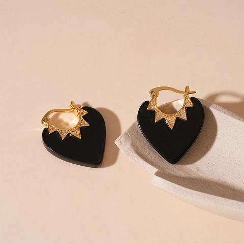 Hart Hoop Oorbellen Zwart Emaille Zirkoon Verguld Koper Vintage Dark Gothic Zilveren Oorbel Post Voor Vrouwen