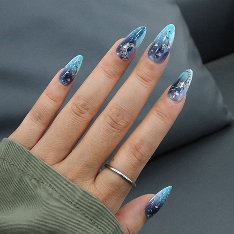 Uñas Postizas Press On Degradado Azul Galaxia Almendra Larga Stiletto Decoraciones Estrella Luna Brillo Plateado Mujeres