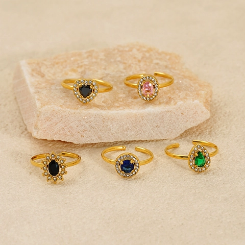 Anello Vintage In Acciaio Inossidabile Placcato Oro 18K Zircone Per Donna Regolabile Aperto Geometrico Cuore Goccia Gioielli