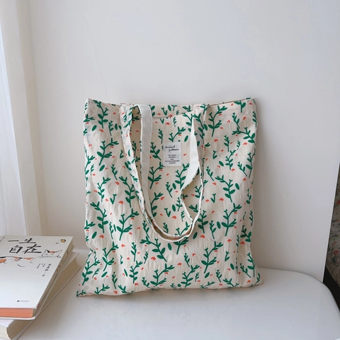 Bloemenprint Katoenen Canvas Tote Bag Grote Capaciteit Casual Schoudertas Voor Dames Studenten Verse Literaire Stijl