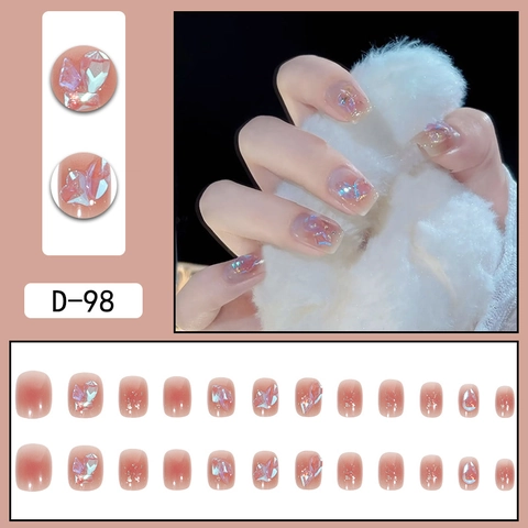Drucknägel Kurz Quadratisch Rund Rouge Rosa Glitzer Schmetterling Strass Künstliche Falsche Nägel Süß Luxus Elegant