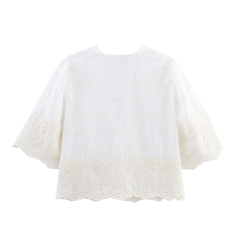 Dames Wit Hol Borduursel Blouse V-Hals Vetersluiting Korte Mouwen Zoet Bloemen Franse Stijl Top