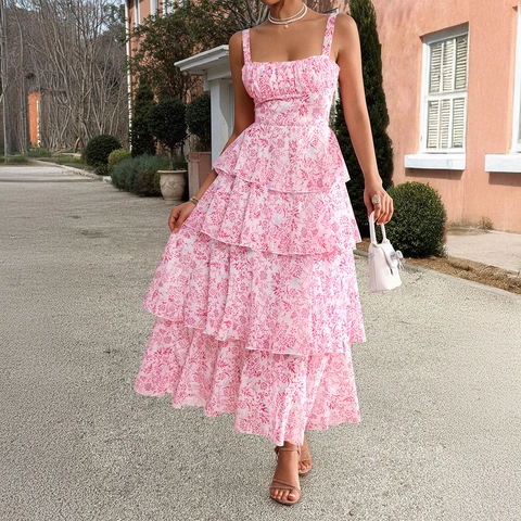 Women Chiffon Floral Print Tiered Maxi Dress Spaghetti Strap Square Neck Boho Vacation Summer Sleeveless Sundress Elegant