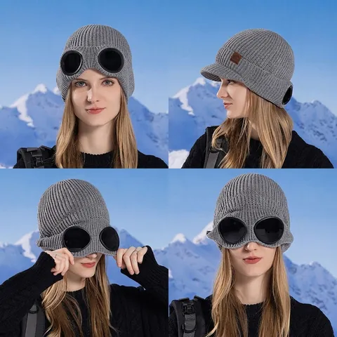 Goggle Beanie Hat Acrylic Knit Fleece Lined Windproof Warm Winter Outdoor Skiing Pilot Style For Women Men Adults