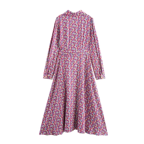 Maxi-Jurk Met Bloemenprint Lange Mouwen Reverskraag Tailleband Franse Pastorale Stijl Elegante Polyester Damesjurk