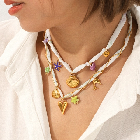 Boho Summer Holiday Necklace Stainless Steel Satin Ribbon Multi Layer Choker Shell Dolphin Heart Pendants Beach Jewelry For Women