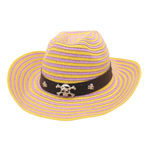 Western Cowboy Straw Hat Hand Woven Sun Protection Wide Brim Beach Holiday Punk Metal Skull With Windproof Rope Unisex