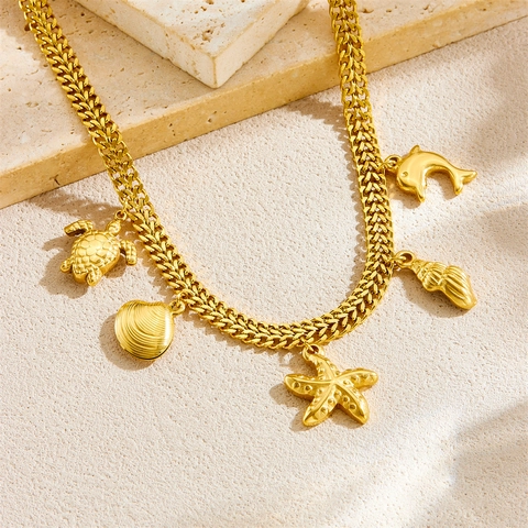 Roestvrijstalen Vergulde Ketting Oceaan Thema Zeeschildpad Zeester Schelp Dolfijn Hangers Strand Stijl Voor Vrouwen