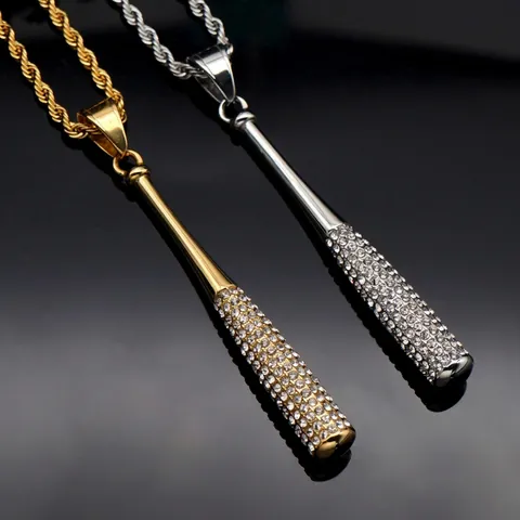 Hip Hop Baseball Bat Pendant Necklace Rhinestone Inlaid Titanium Steel Sport Style Trendy Neck Jewelry For Men