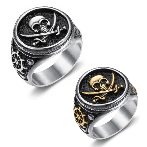 Anillo De Calavera Pirata Vintage De Acero Inoxidable Espadas Cruzadas Timón Joyería Gótica Punk Para Hombres