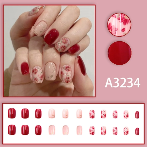 Uñas Postizas Cortas Cuadradas Rojo Rosa Patrón Floral Borde Dorado Degradado Mármol Diseño Para Mujeres