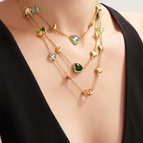 Heart Charm Necklace Stainless Steel 18k Gold Plated Faceted Glass Stone Pendant Fashion Jewelry For Women Elegant