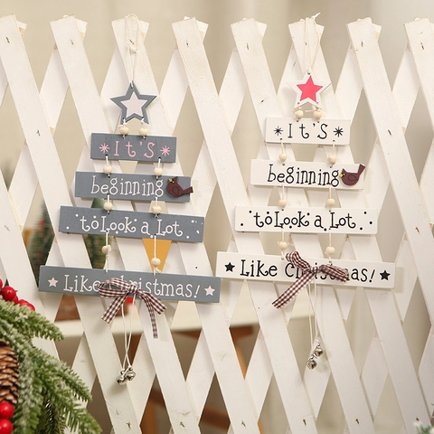 Decorazione Sospesa In Legno Forma Albero Natale Segnale Lettere Festivo Con Fiocco Gingham E Campanellini Metallo
