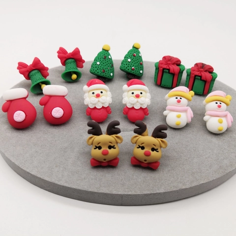 Christmas Stud Earrings Resin Cartoon Santa Claus Snowman Reindeer Tree Bell Glove Gift Box Cute Festive Jewelry For Women
