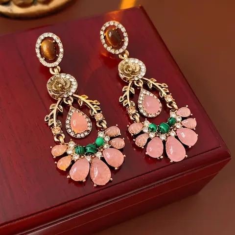 Pendientes Colgantes De Gota Estilo Palacio Vintage Con Poste De Plata Aleación Resina Cristal Flor Joyería Boho Mujer
