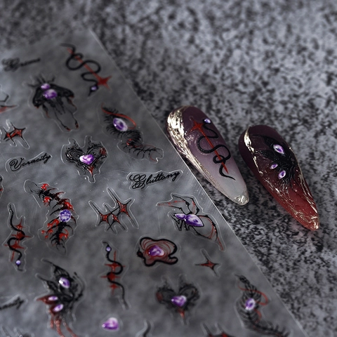 Gothic Dark Style 3D Relief Nail Art Stickers Embossed Adhesive Decals Butterfly Spider Heart Design For Women Manicure