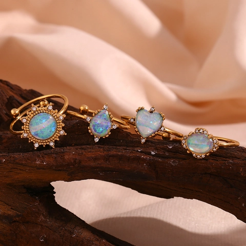 Verstellbare Offene Ringe Edelstahl 18K Vergoldet Synthetischer Opal Herz Wassertropfen Sonne Form Damen Schmuck