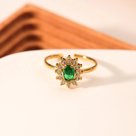 Edelstahl Offener Ring Smaragdgrün Zirkon Sonnenblume Verstellbar Fingerschmuck Damen Vergoldet Retro Stil