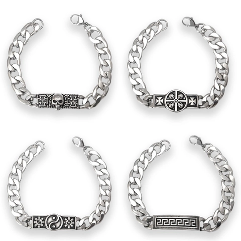 Stainless Steel Cuban Link Bracelet For Men Boys Gothic Punk Hip Hop Skull Cross Tai Chi Greek Key Plaque Silver Tone