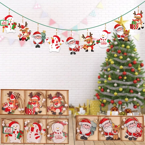 Ornamenti Appesi Di Natale Compensato Dipinto Legno Cartone Animato Babbo Natale Pupazzo Di Neve Renna Decorazione Albero Festa