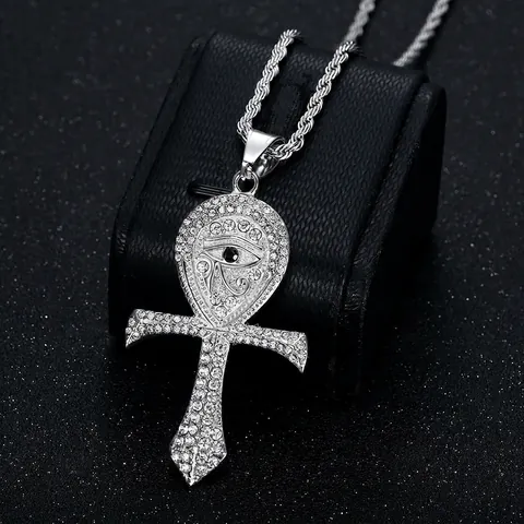 Iced Out Eye Of Horus Ankh Cross Pendant Necklace Titanium Steel With Rhinestones Gold Plated Hip Hop Jewelry