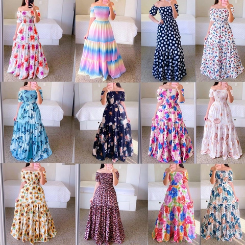 Dames Off Shoulder Maxi Jurk Polyester Bloemenprint Boheems Zomer Grote Zwaai Korte Mouw