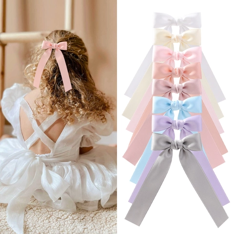 Kids Long Streamer Bow Hair Clip Solid Color Polyester Cotton Satin Alligator Clip For Girls Cute Hair Accessories