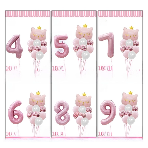 Rosa Kronen Katze Geburtstag Ballon Set 40-zoll Nummer Folienballons Und Latex Konfetti Ballons Für Mädchen Party Deko
