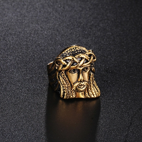 Men Retro Stainless Steel Ring Indian Chief Jesus Head Embossed Gothic Hip Hop Punk Jewelry