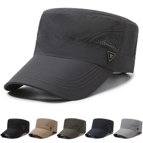 Cadet Cap Quick Dry Breathable Polyester Flat Top Hat Outdoor Sun Protection Adjustable With Metal Badge Men Women