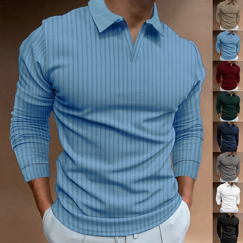 Polo Da Uomo Manica Lunga Maglia A Costine Strisce Verticali Scollo A V Slim Fit Casual Sport Poliestere Spandex