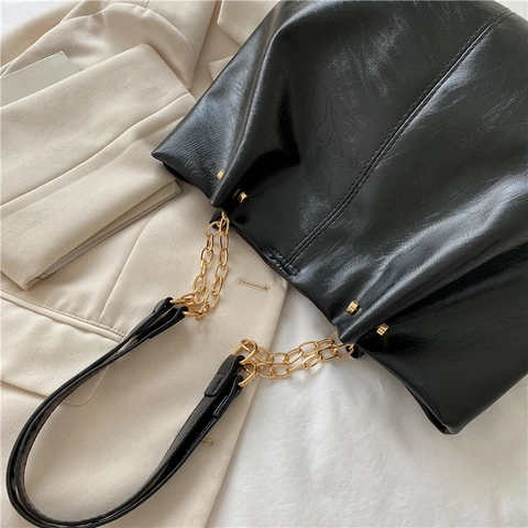 Sac Cabas Grande Capacité Cuir PU Chaîne Dorée Sac À Main Rétro Élégant Minimaliste Femmes