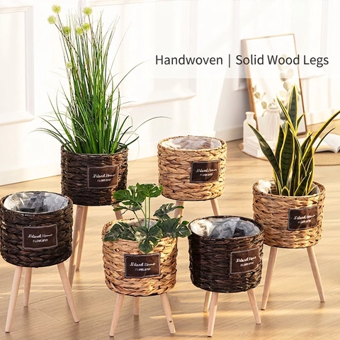 Hand Woven Straw Flower Pot Stand Wooden Legs Indoor Plant Basket Waterproof Lining Nordic Rustic Home Decor