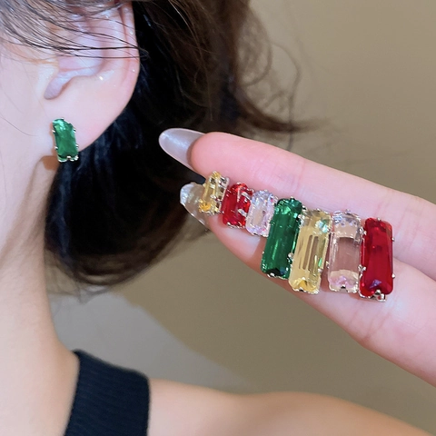 Rectangular Zircon Stud Earrings With Silver Earring Post Copper Inlaid Geometric Minimalist Elegant Jewelry Women
