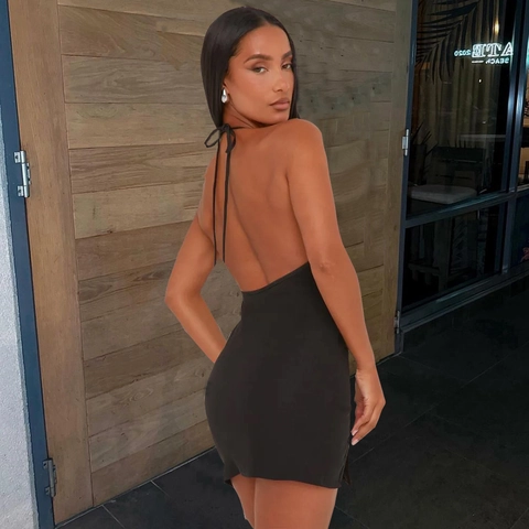 Black Halter Neck Mini Dress Sexy Deep V Neck Backless Rhinestone Cross Side Slit Punk Gothic Bodycon Party Clubwear