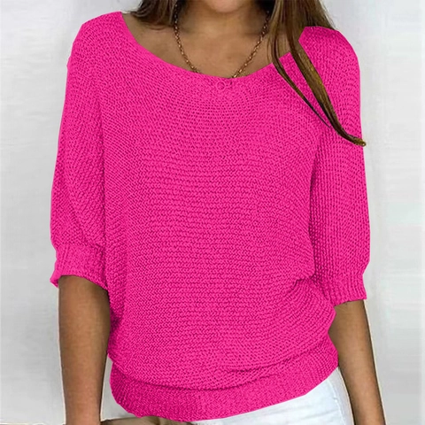 Women Knitted Top Round Neck V-Neck Batwing Sleeve Three Quarter Sleeve Solid Color Casual Loose Sweater