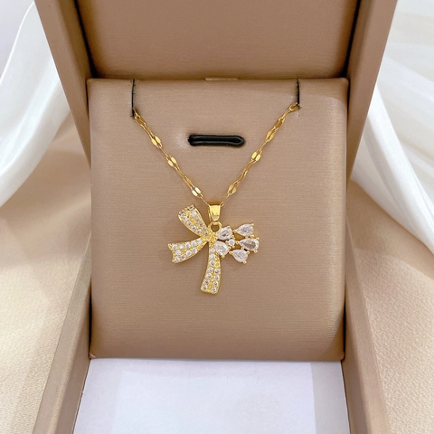Collana Con Ciondolo A Fiocco Farfalla Oro Catena Acciaio Titanio Ottone Zirconia Cubica Gioielli Lusso