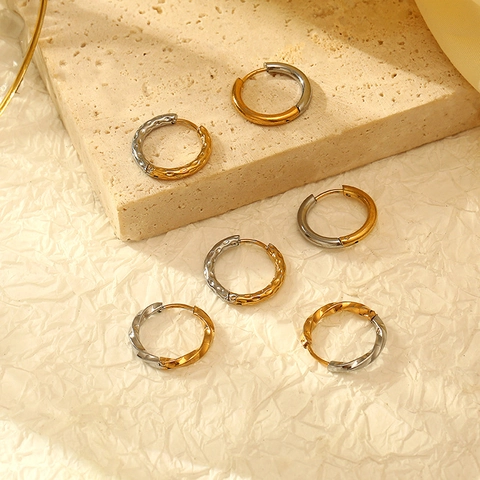 Bi-Color Hoop Earrings For Women Stainless Steel 18K Gold Plated Twisted Textured Smooth Geometric Round Circle Jewelry
