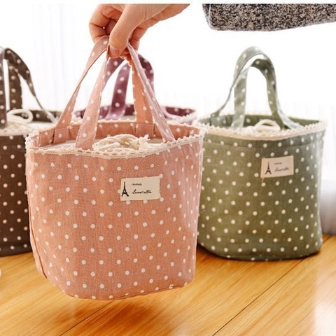 Polka Dot Katoen Linnen Geïsoleerde Lunchtas Met Kant Trekkoord Draagbare Thermische Bento Box Zakje Voor Vrouwen