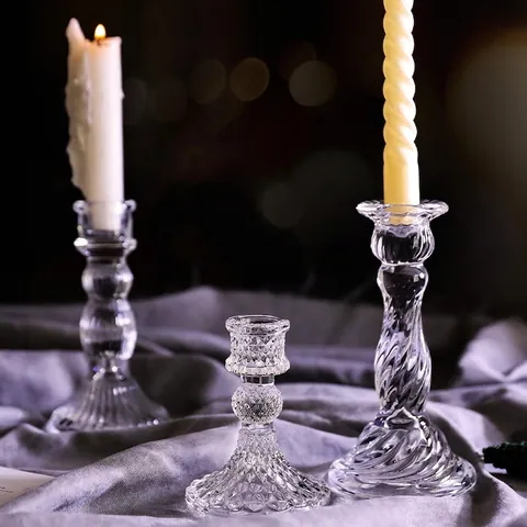Vintage Glass Candlestick Holder Nordic Retro Relief Crystal Candle Stand For Wedding Dinner Party Home Table Decor